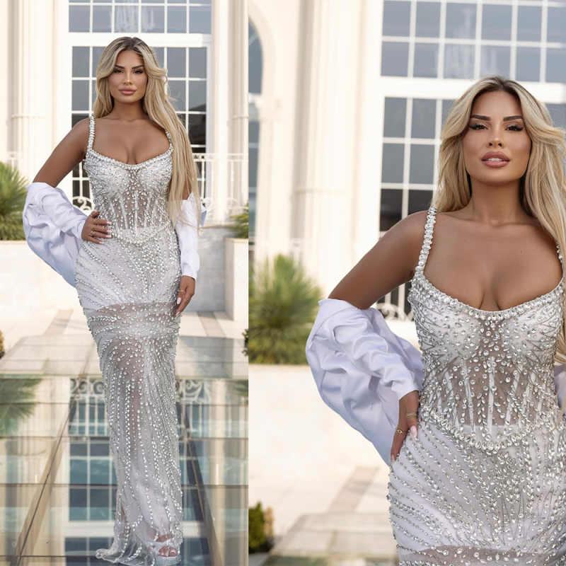 Luxurious Crystal Mermaid Wedding Dresses Beaded Spaghetti Strap Sleeveless Bride Dress Floor Length Bridal Dress Customized