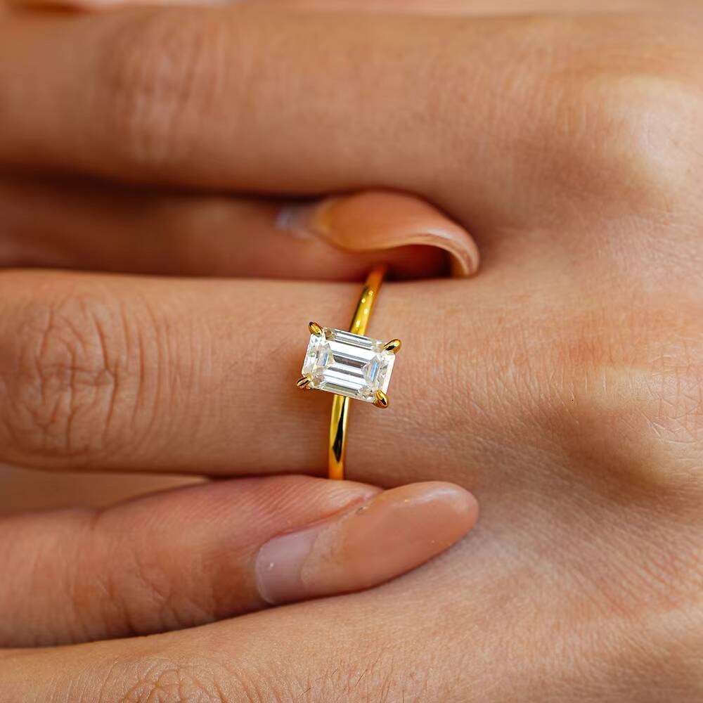 Custom 10K 14K 18K Yellow Gold Plated Engagement 1ct Lab Grown Diamond Moissanite Rings Emerald Cut vvs 1 Ct S925 Silver