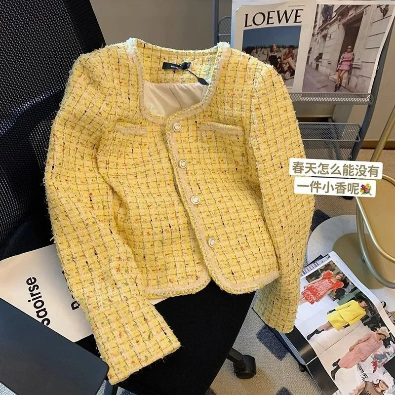 Women Jacket Spring Autumn Yellow Tweed Small Fragrance Coat Short Korean Fashion Temperament Grace Female Outerwear 250729