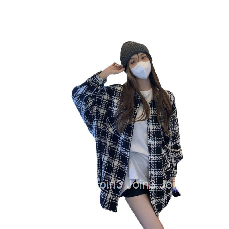 Autumn Winter New Fashion Casual Plaid Cardigan Lazy Woolen Long Sleeve Coat Mid-Length Womens Top Trendy