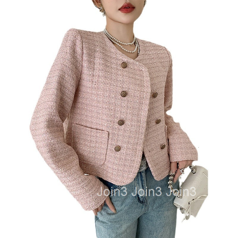 Autumn Winter New Socialite French Style Tweed Round Neck Double-Breasted Long Sleeve Short Coat Womens Top
