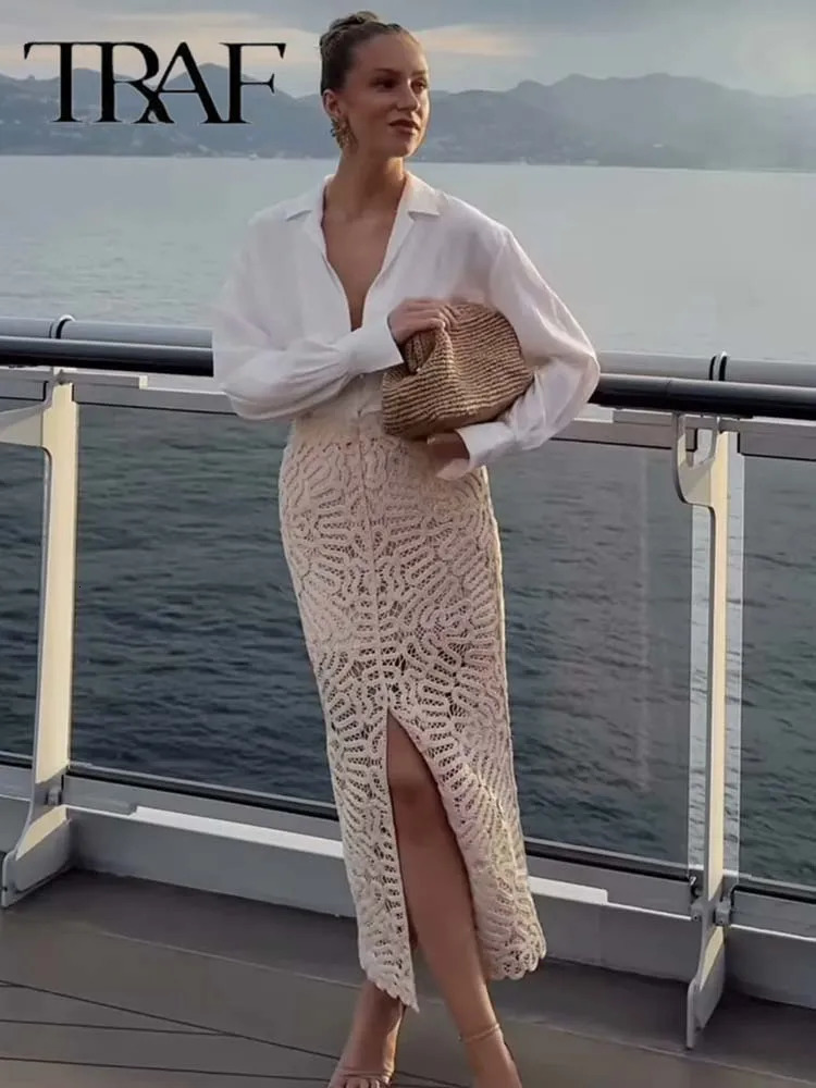 Fashion Crochet Knitted Midi Skirt Sets for Women 2 Pieces Elegant Crop Top Womens Suit Piece Outfit 250729