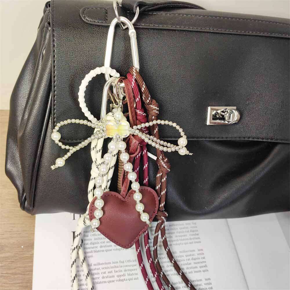Autumn Winter New Bag Pendant Wine Red Leather Peach Heart Ornament Pearl Bow Keychain