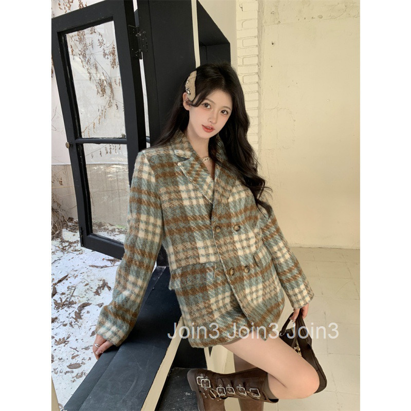 Winter New Elegant Fashion Casual Loose Cotton Plaid Long Sleeve Blazer Mid-Length Women