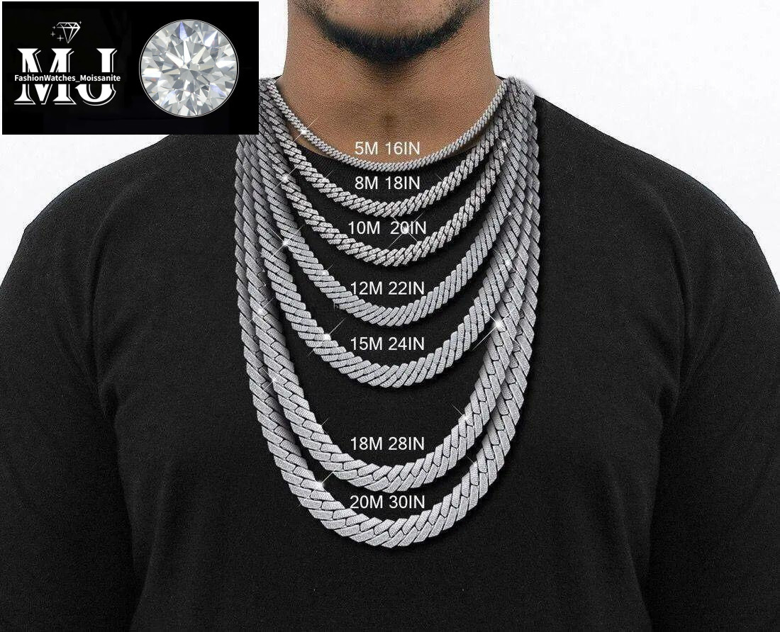 Hip Hop Rapper Mossanite Necklace Jewelry Vvs Sterg Sier 20mm Black Dia Moissanite Cuban k Chain