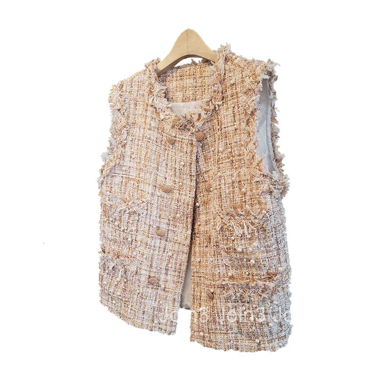 Autumn New Heavy Tweed Small Fragrant Milk Vest Coat Womens Trendy Nail Bead Fur Edge Temperament Double breasted Outer