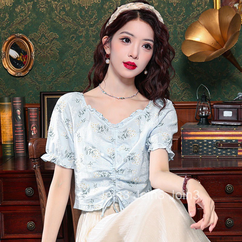 Summer New French Style Plus Size Women Fresh Short Sleeve Floral T-Shirt Short Top Stylish Chiffon Blouse