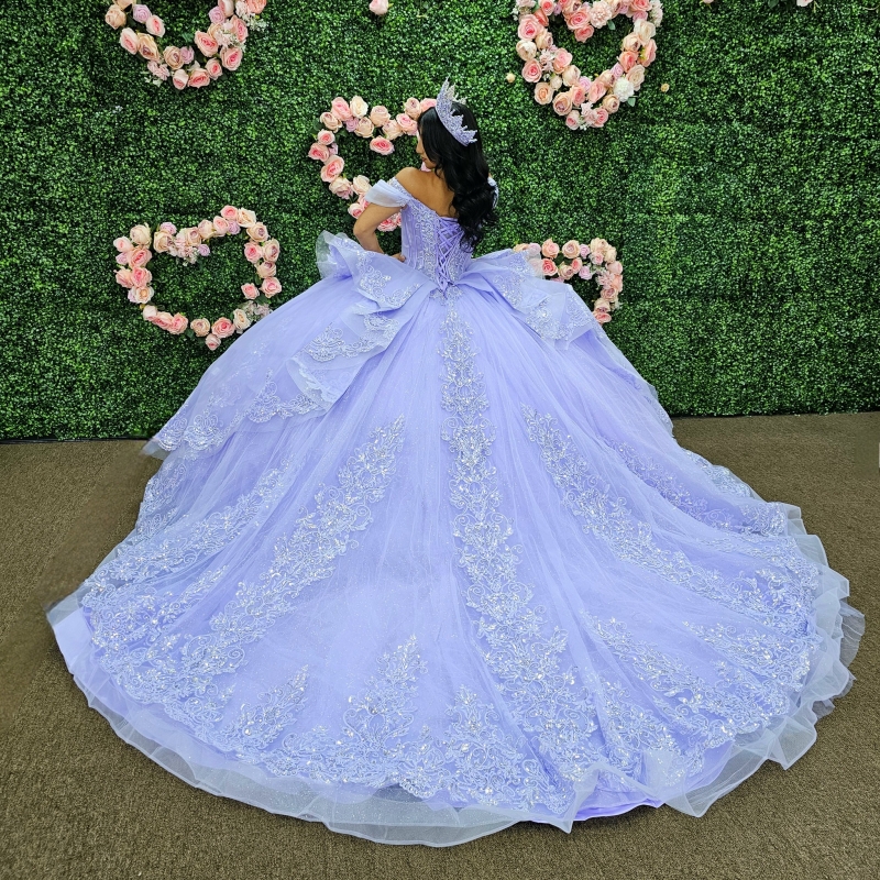 Lavender Shiny Quinceanera Dresses Ball Gown Off The Shoulder Applique Lace Beading Tull Party Birthday Sweet 16 Dress Vestidos De 15 Anos
