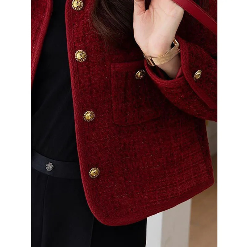 Lucyever Wine Red Tweed Coats Female Autumn Winter Fashion Temperament Short Jacket Korean AllMatch ONeck Outerwear 250729