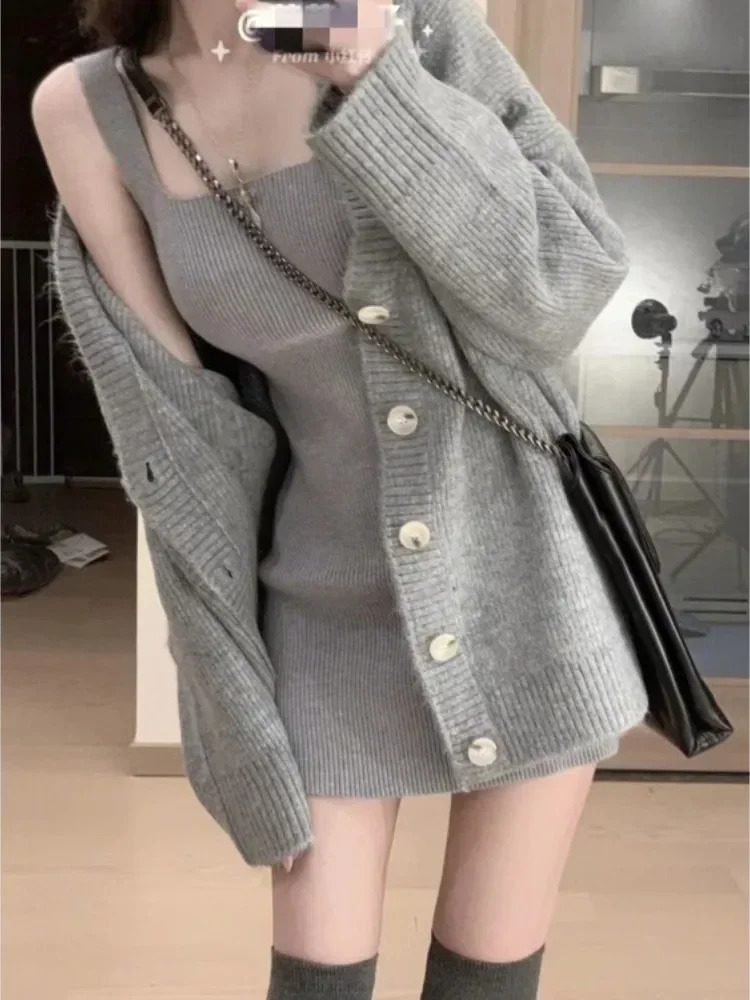Gray 2 Piece Dress Set Women Casual Long Sleeve Cardigan Bodycon Strap Sweater Evening Party Knitted Suit Autumn 250729