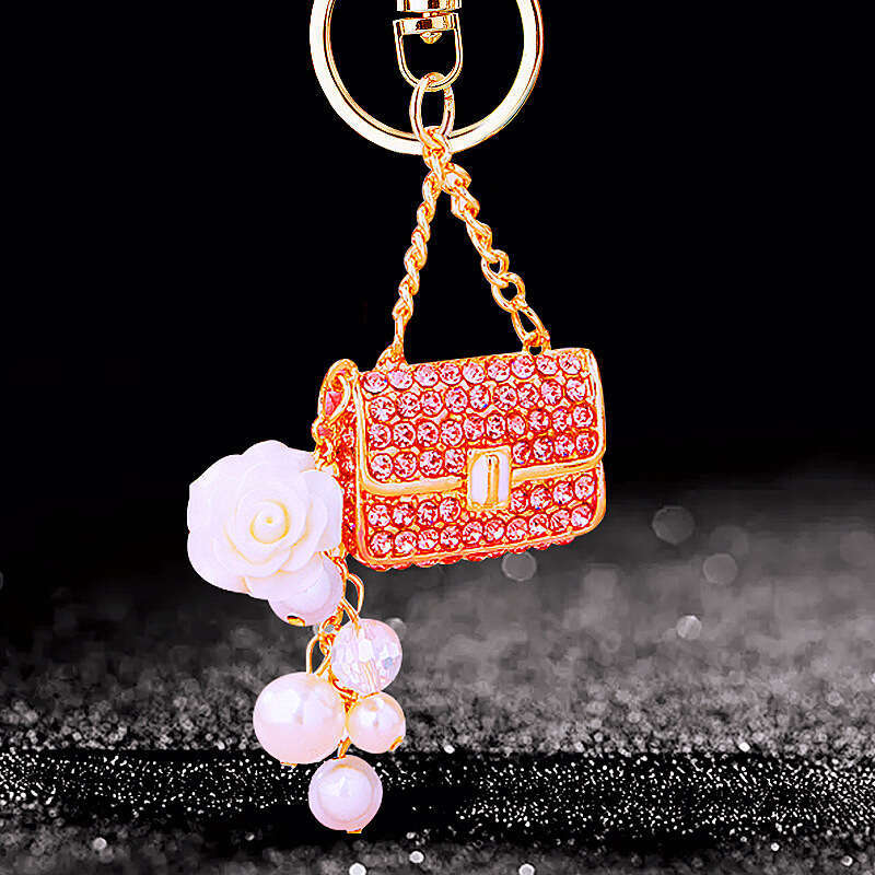 Pearl Chanel Style Crossbody Car Keychain Women's Bag Pendant Metal Key Ring with Inlaid Diamonds Small Gift