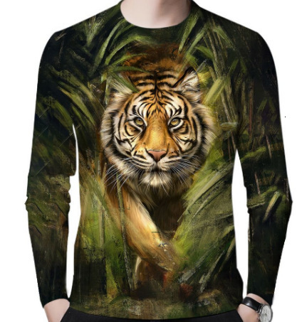Fashionable mens 3D printed animal wolf long sleeved T-shirt mens round neck top personalized t-shirt mens trend