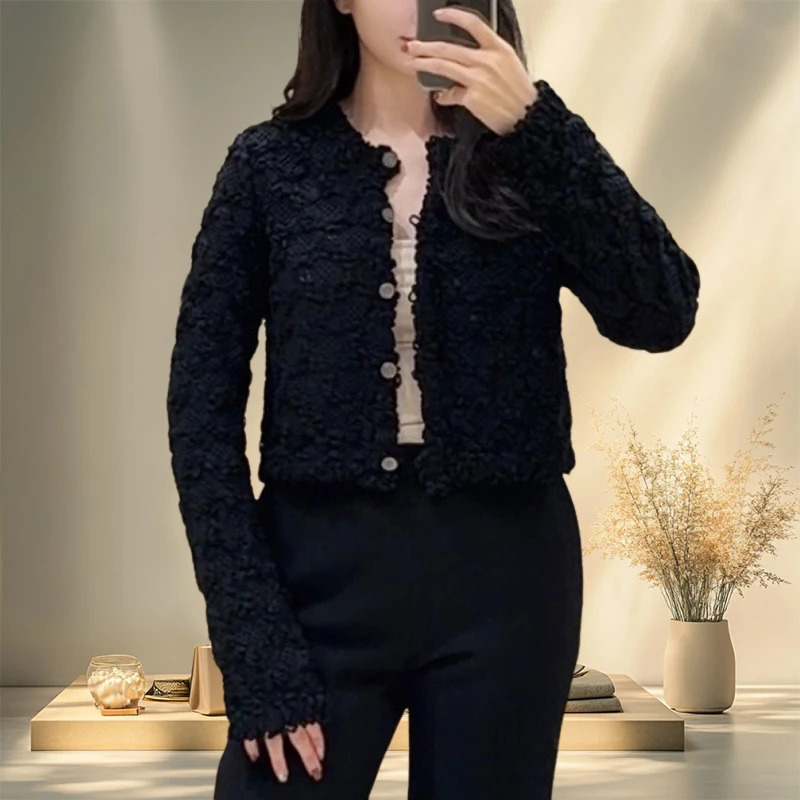 25 Tweed Style Stereo Woven Crochet Cardigan White Moonlight Straight Slim Short Womens Jacket 250729