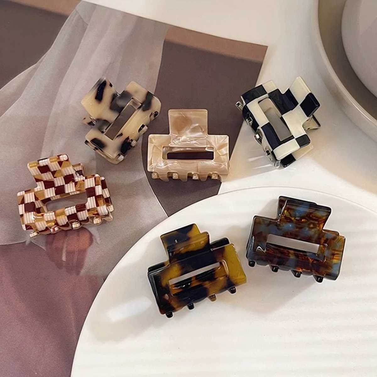 1pc Acetate Leopard Print Checkerboard Plaid Hairpin Classic and Daily Grab Clip Small Square High Ponytail Hair Claw Z250729