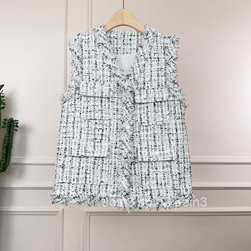 Summer Autumn New Fashion Small Fragrance Style Plaid Tweed Hip-Covering Vest Women Slimming Jacket Womens Top