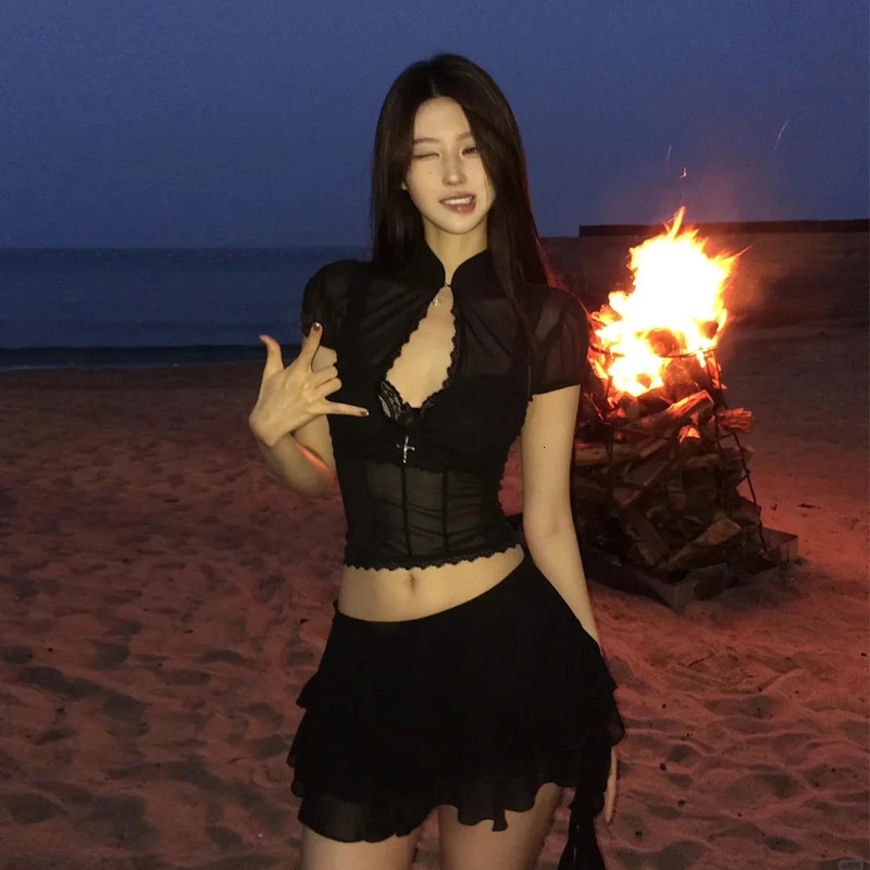 Tonngirls Y2k Fairycore Two Piece Set for Women Hollow Out Lace Mesh Shirt Irregular Mini Shirts Vintage Skirt Sets Japanese 250729