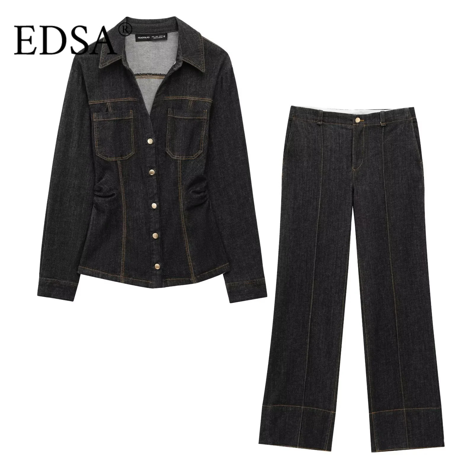 EDSA Women Black Denim Pants Set Fitted Shirt with Patch Pockets Pintuck Straight Leg Jeans Long Suit 250724
