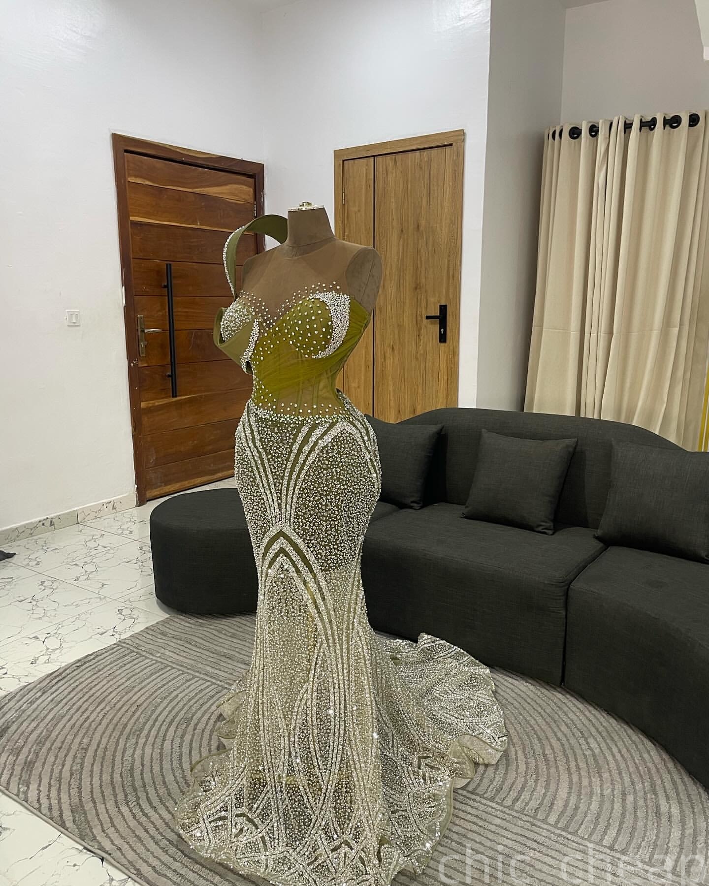 Mermaid Olive Green Prom Dresses 2025 Beaded Crystals Sheer Neck Evening Formal Party Second Birthday Engagement Gowns Plus Size Dress For Special Occ