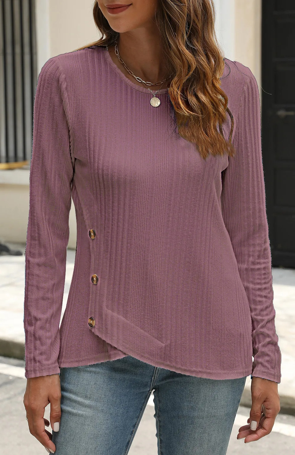 Autumn Winter Arrival Ribbed Brushed Button Long Sleeve TShirt 250729