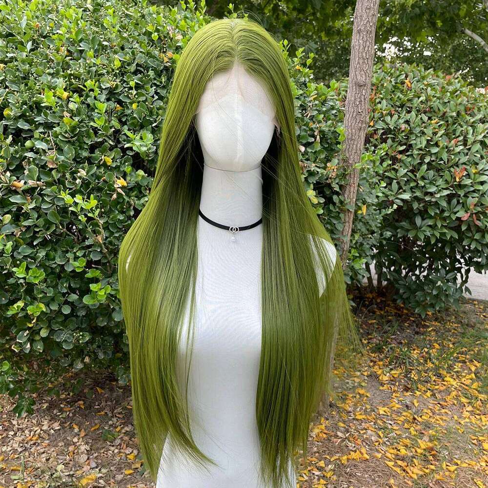 Green 13X4 Synthetic Front For Women 26 Inch Long Sliky Straight Lace Wigs Half Hand Tied 150% Density Glueless