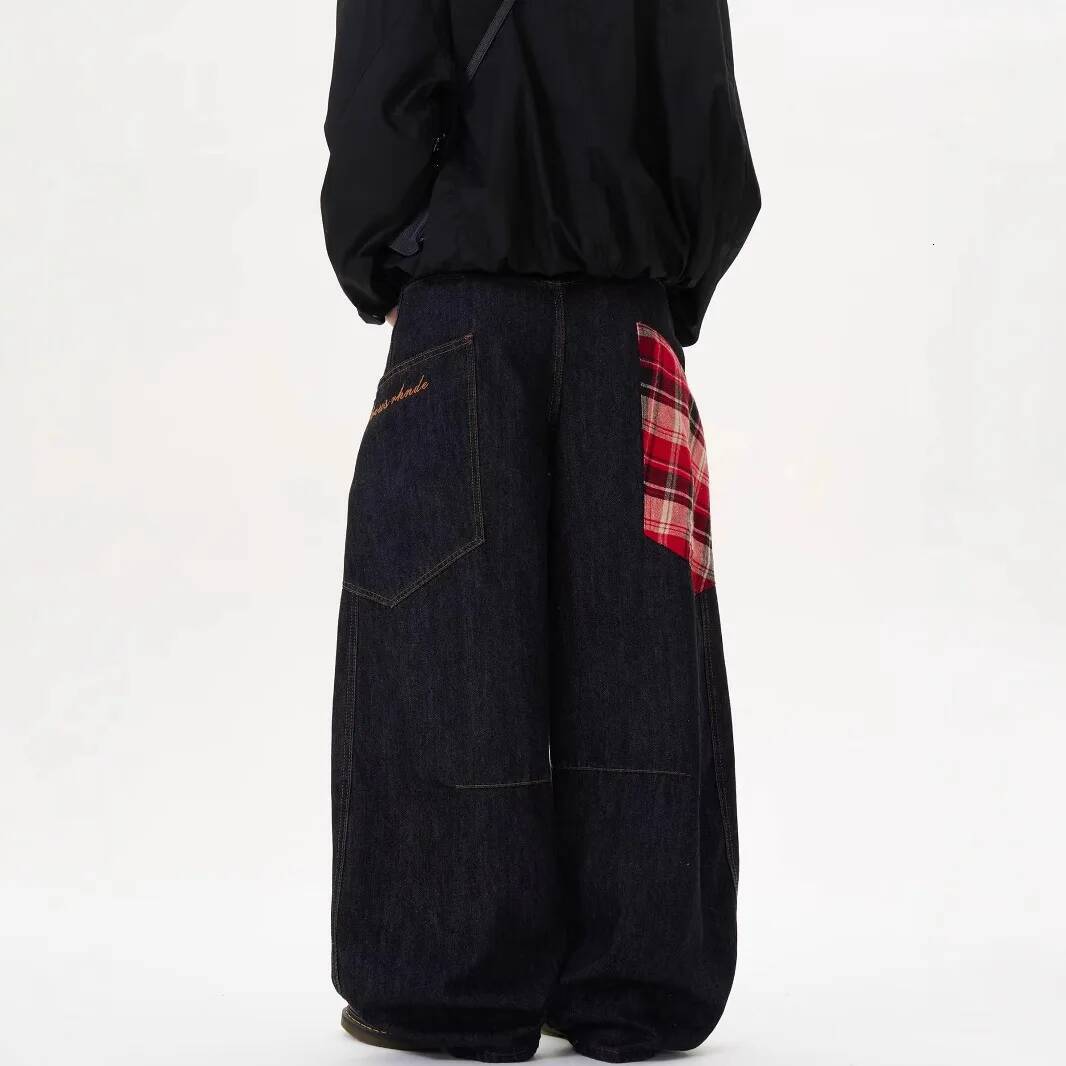 Scottish Plaid Splicing Arc Baggy Y2k Spring And Autumn New Streetwear Washed Oversized Straight Wide Leg Jeans 2024