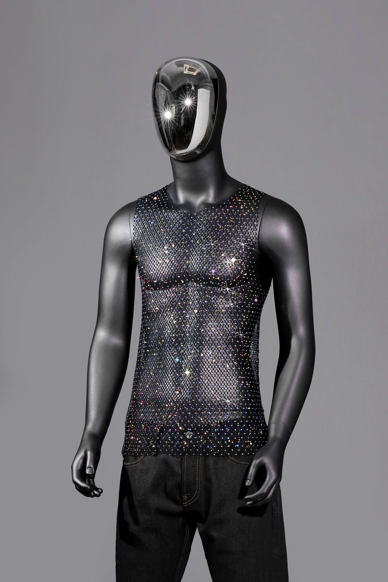 Fashion Mens Mesh Rhinestone T-Shirt Fishnet Rhinestone Party Sheer Blouse Top