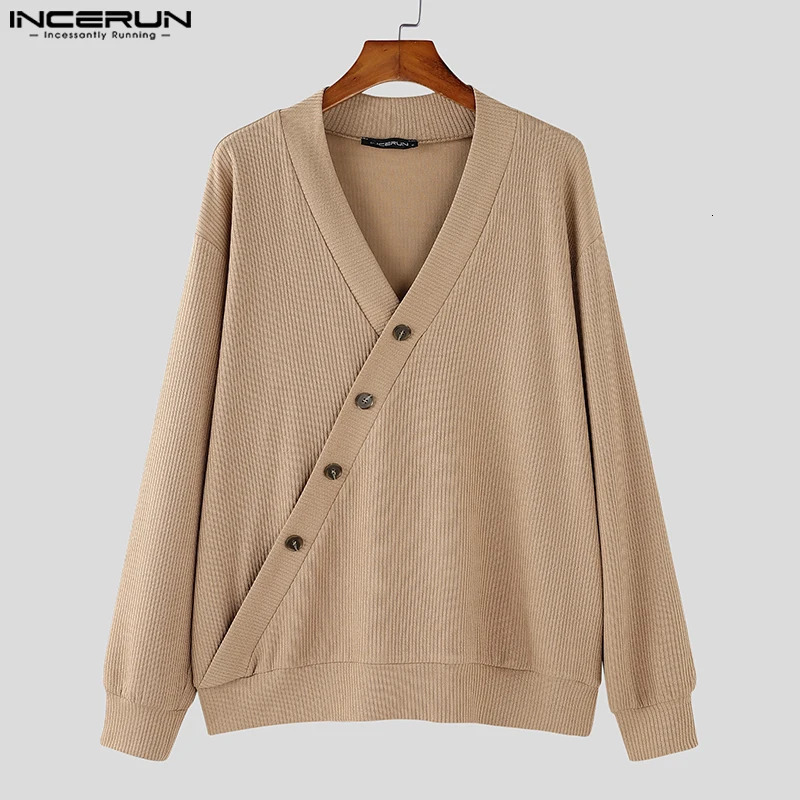 Handsome Well Fitting Tops INCERUN Men Texture Diagonal Sweater Casual Fashion Solid Vneck Long Sleeve S5XL 250729