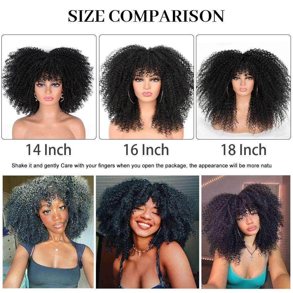 Short For Women Synthetic Afro Kinky Curly With Bangs Fluffy Natural Soft Hair Black Wigs