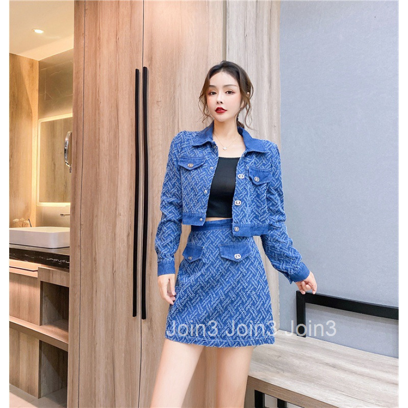 Autumn New Womens Clothing Lapel Single-Breasted Slim Top Rest Denim Long Sleeve Jacket Short Skirt Set