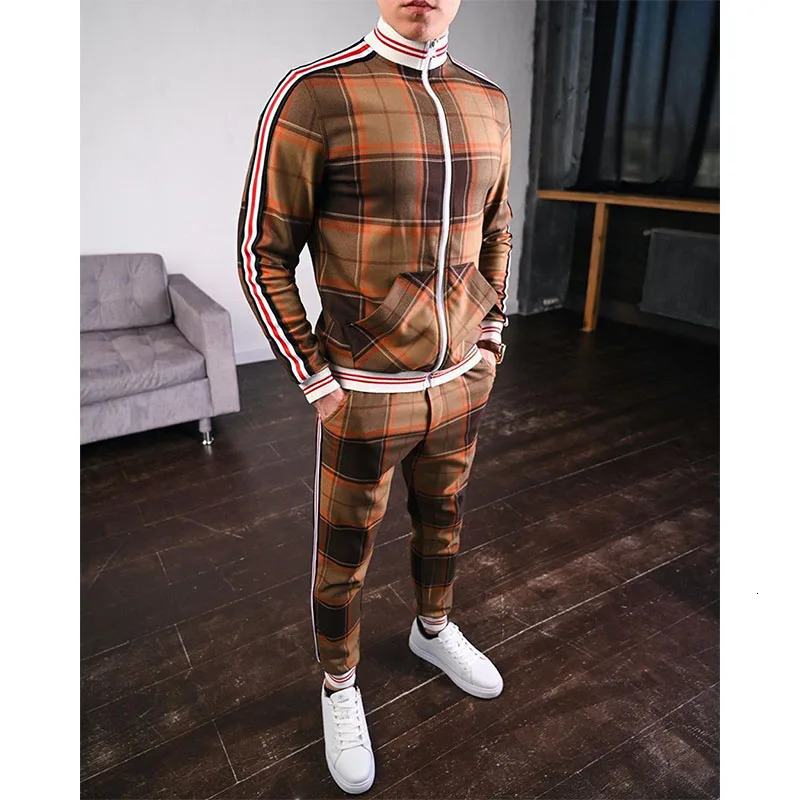 Mens Tracksuits Colorful Plaid Casual Zipper Hoodie Set 3D Print Autumn Sweatshirt Clothes For Men 250729