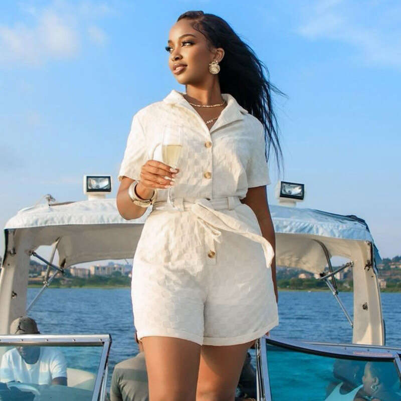 Women's New Fashion Casual Turn-Down Collar Tie Belt Elegant Summer Short-Sleeve Jumpsuit B5