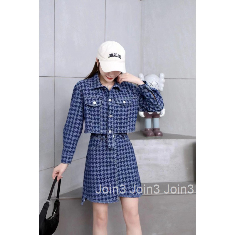 Early Autumn New Style Socialite Internet Celebrity Houndstooth Long Sleeve Jacket Short Top + Half Skirt Two-Piece Set for Women