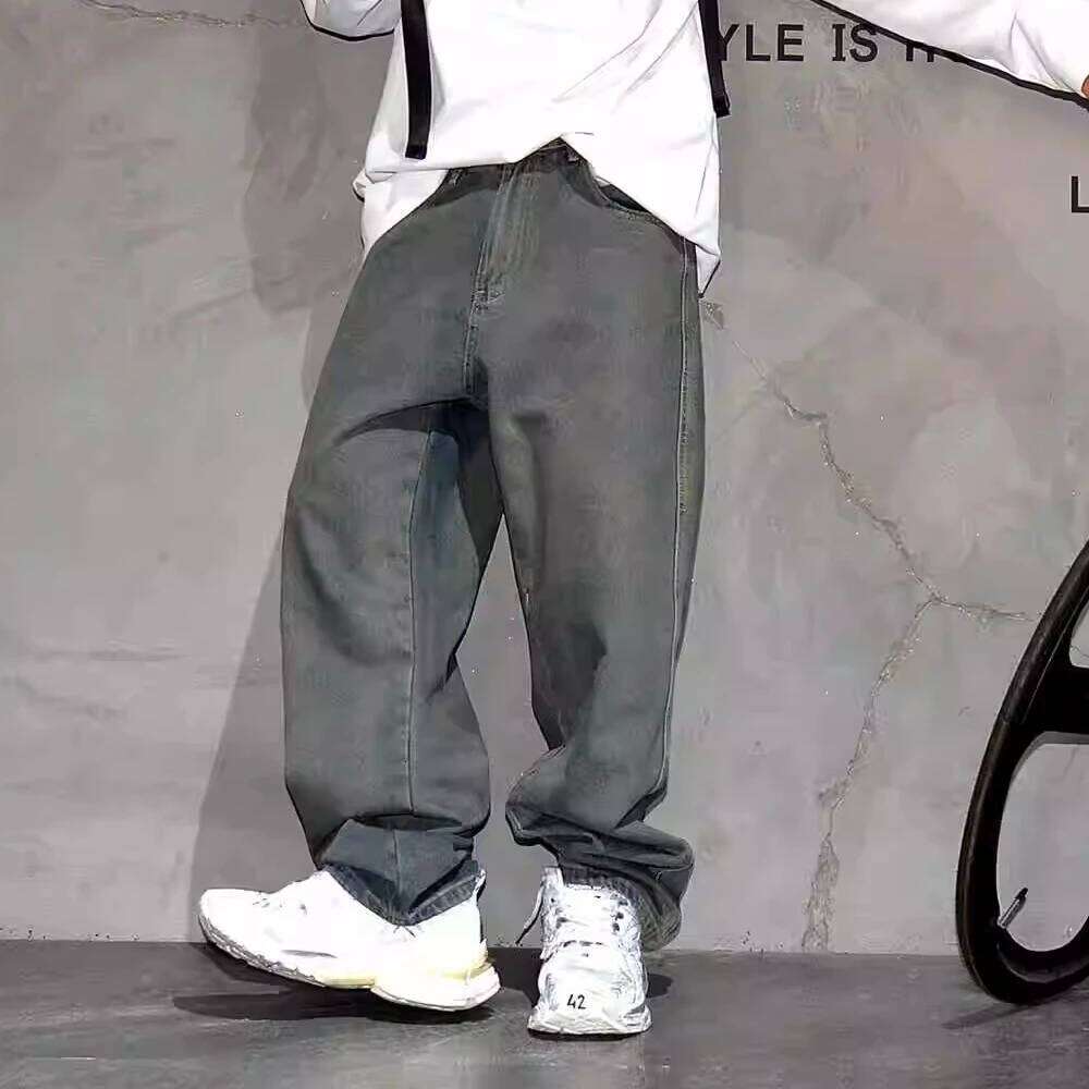 American Streetwear Baggy Jeans For Mens Clothing Vintage Distressed Gray Denim Haruku Casual Skateboard Pants Male 250726