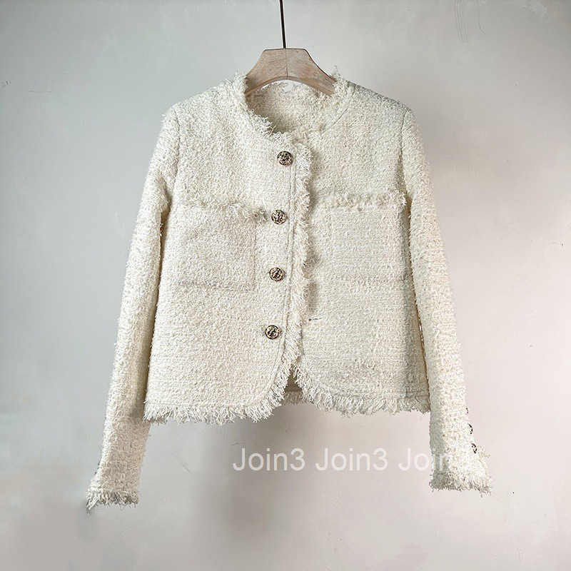 French Design Texture Small Fragrance Coat Womens Tweed Tassel Round Neck Temperament Pocket Celebrity Network Red Book Spring and Autumn New
