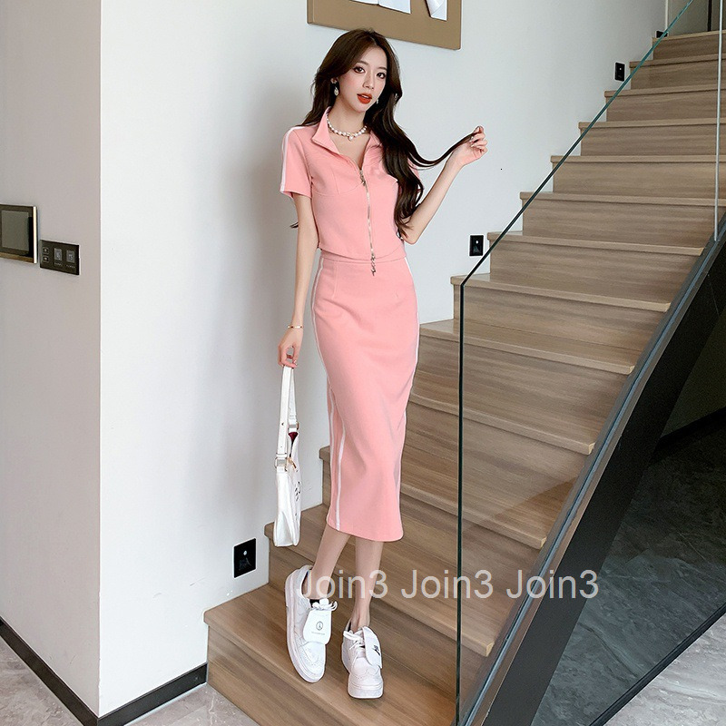 2025 Summer New Fashion Turn-Down Collar Zipper Casual Short Sleeve Top Short Mid-Length Skirt Set Two-Piece Set