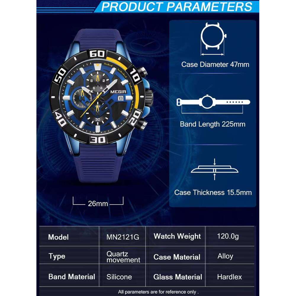 DHwatches MEGIR 2121 Men's Oversized Sports Watch - 58mm Silicone Strap, Waterproof 30M, Luminous, Chronograph, Date Display