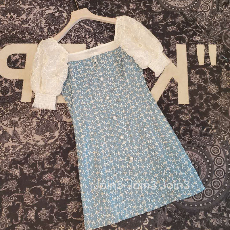 Summer New Style Socialite Chic Fashionable Elegant Square Neck Embroidered Floral Short Dress Loose Waist Short Sleeve Dress