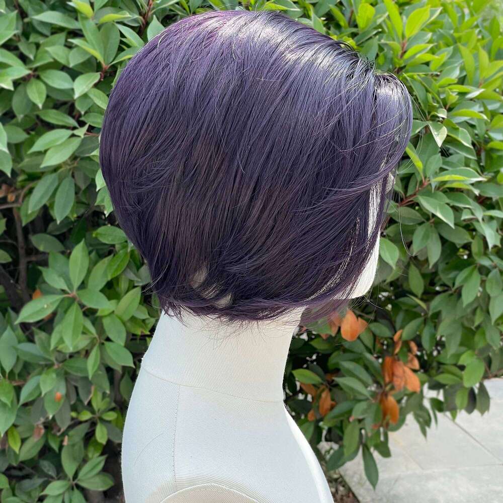 Dark Purple Cosplay 8 Inch Short Bob Cut 13X4 Synthetic Lace Front Wigs For Men Women Heat Resistant Half Hand