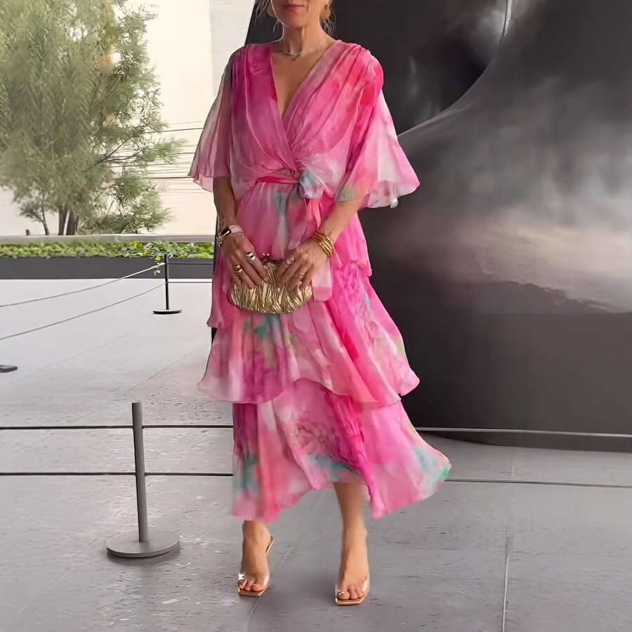 2025 New Cross-Border European and American Fashion Versatile Printed Layered Dress