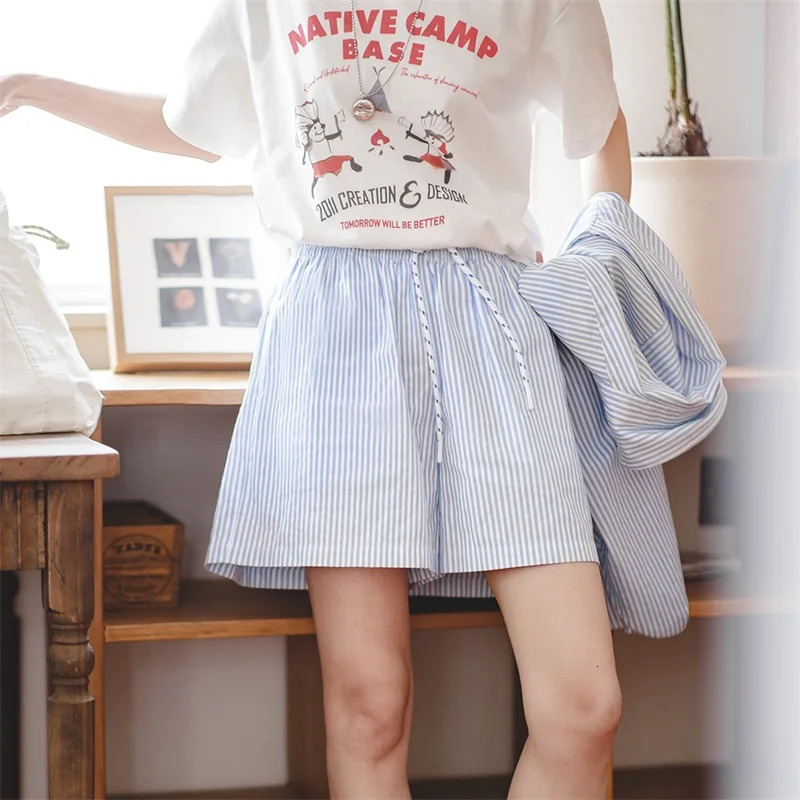 100% Cotton Womens Blue White Striped Shirt and Shorts Sets Loose Casual French Classic Summer Suit Elegant Matching Two Piece Set 250729