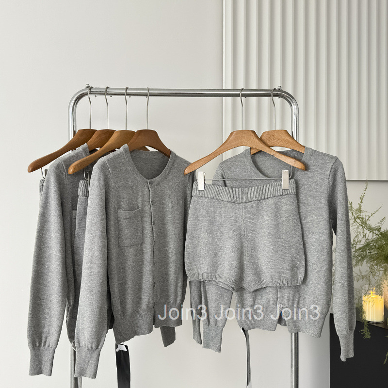 Autumn New Casual Round Neck Sweater Cardigan Jacket Top + Shorts Two-Piece Set for Women
