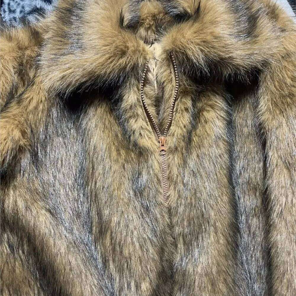 Winter Gradient Brown Long Hairy Shaggy Raccoon Faux Fur Full Sleeve Women Big Lapel Furry Coat Loose Short Outerwear