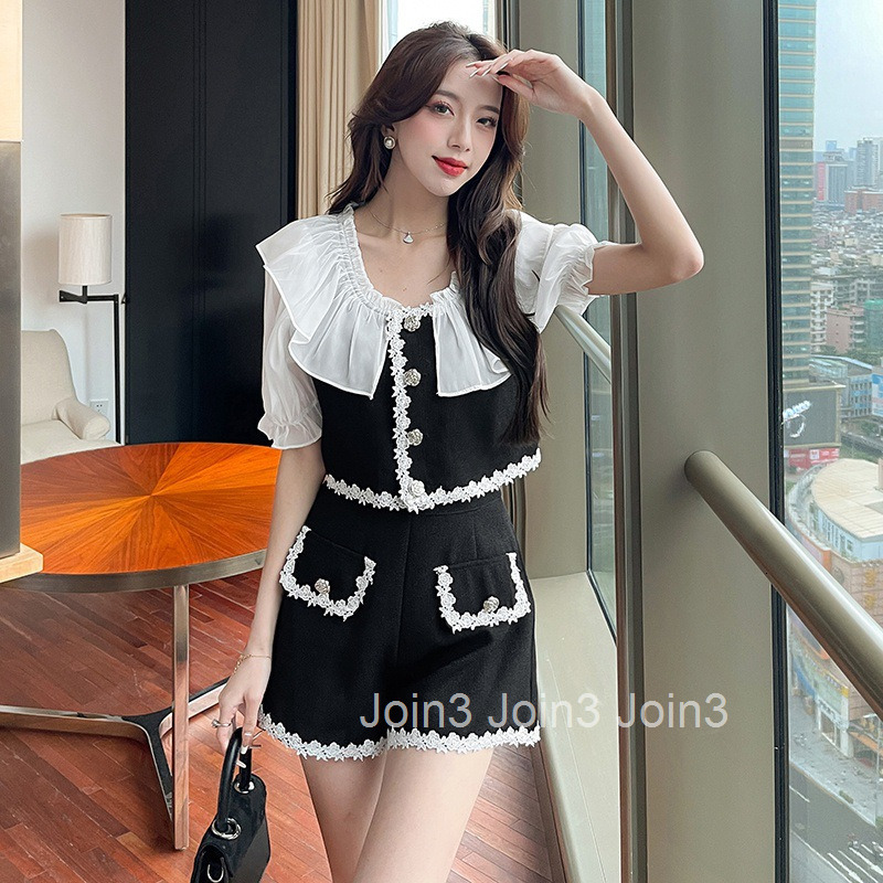 25 Summer New Trendy Street Style Short Set for Women Black and White Color Block Short Sleeve Top + Shorts Two Pieces