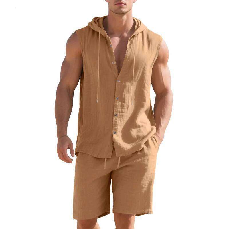 Summer loose-fit linen casual minimalist hooded sleeveless shirt and shorts two-piece set, men's hoodie suit.