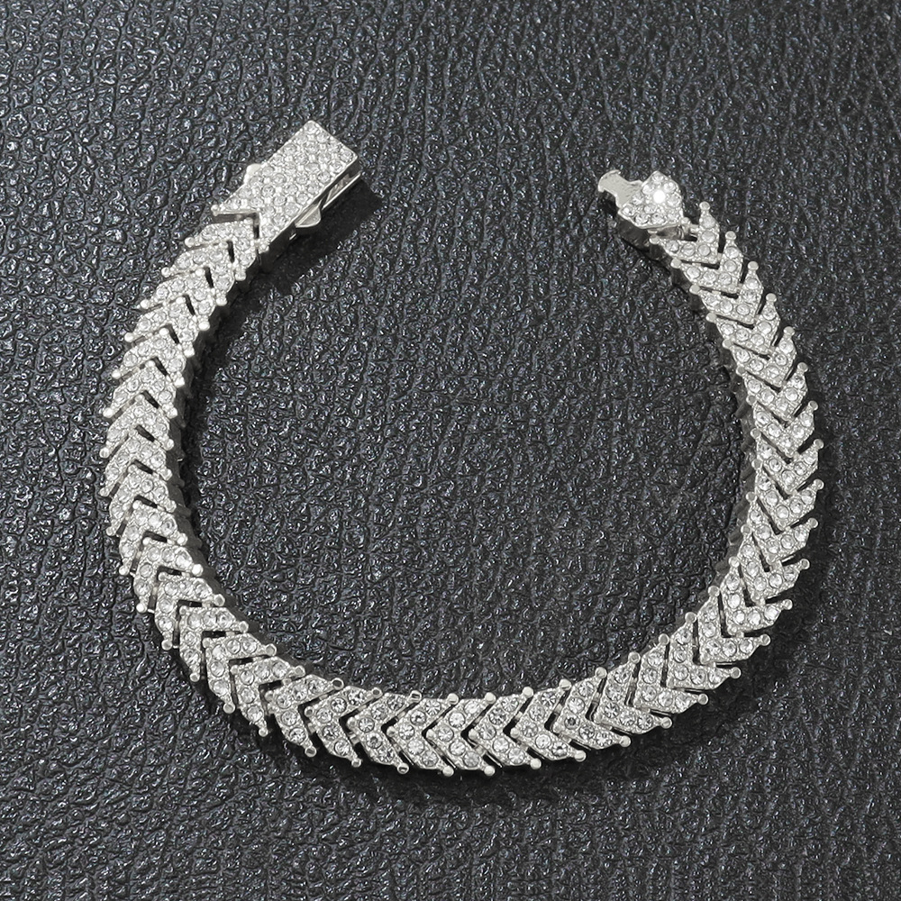 Full Dia Tail Fish Bone Tennis Necklace Trendy Hip-Hop Style Exaggerated Choker Clavicle Chain Accessory