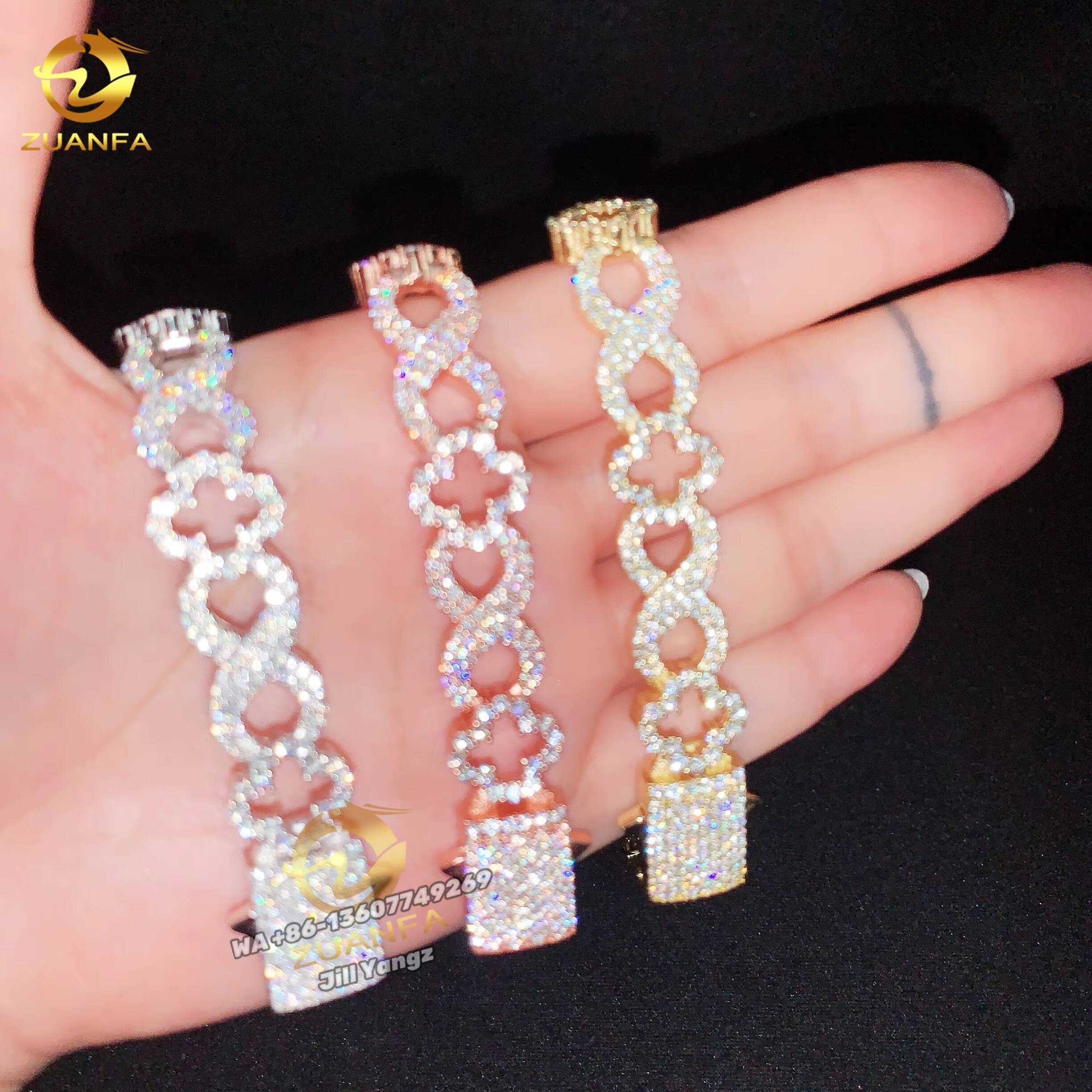 2025 New Year Gift for Girl New Design Hollow Out Clover Easy Clasp Cuban Link Chain Moissanite Cuban Link Bracelet