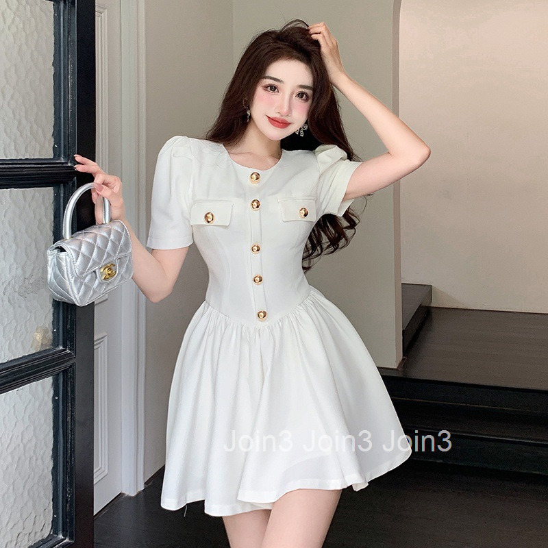 Internet Celebrity Textured Little Fragrance Dress 25 Summer New Fashionable Elegant Slim Fit Puff Sleeve Waist-Cinching Puffy Dress