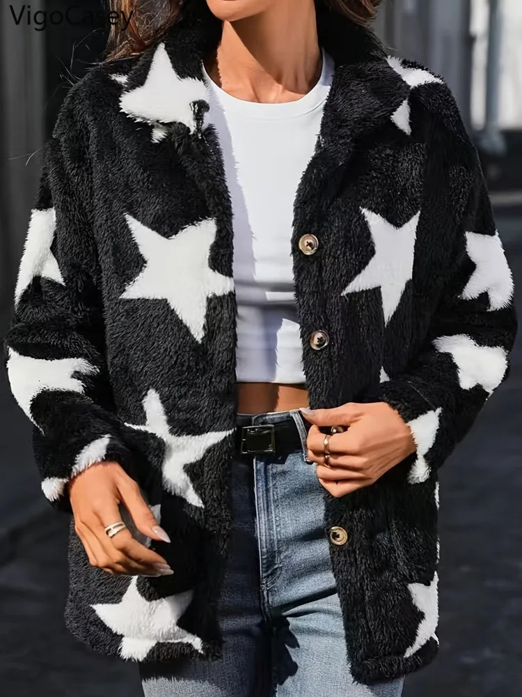 Autumn Print Long Sleeve Jacket Women Thick Plush Warm Single Breasted Coat Soft Winter Loose Cardigan Lady Coat 250729