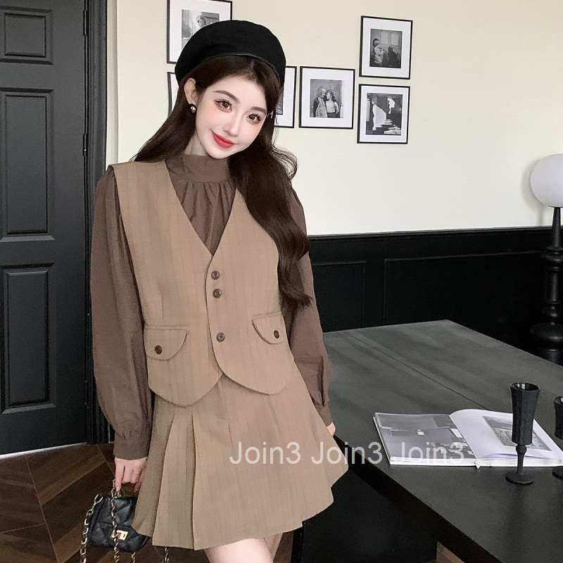 Autumn Winter New Sweet and Spicy Half Turtleneck Long Sleeve Shirt + High Waist Skirt + Vest Three-Piece Set for Women