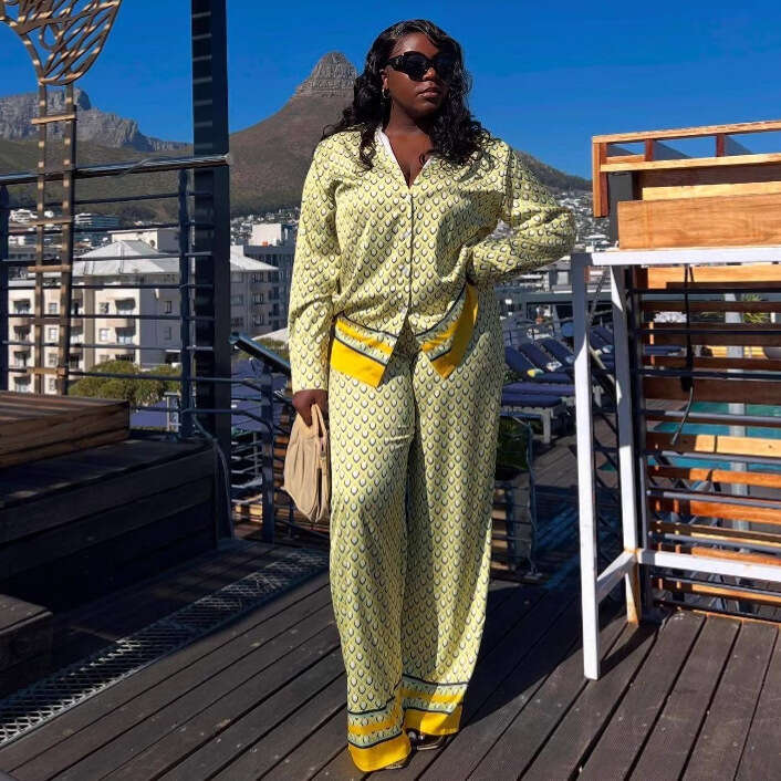 Women's Long Sleeve Cardigan Shirt Wide Leg Pants Printed Plus Size Casual Stylish Versatile Two-Piece Set B5